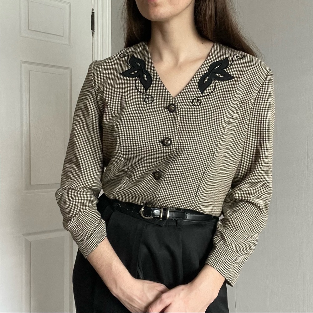 Vintage black & cream mini-check blouse